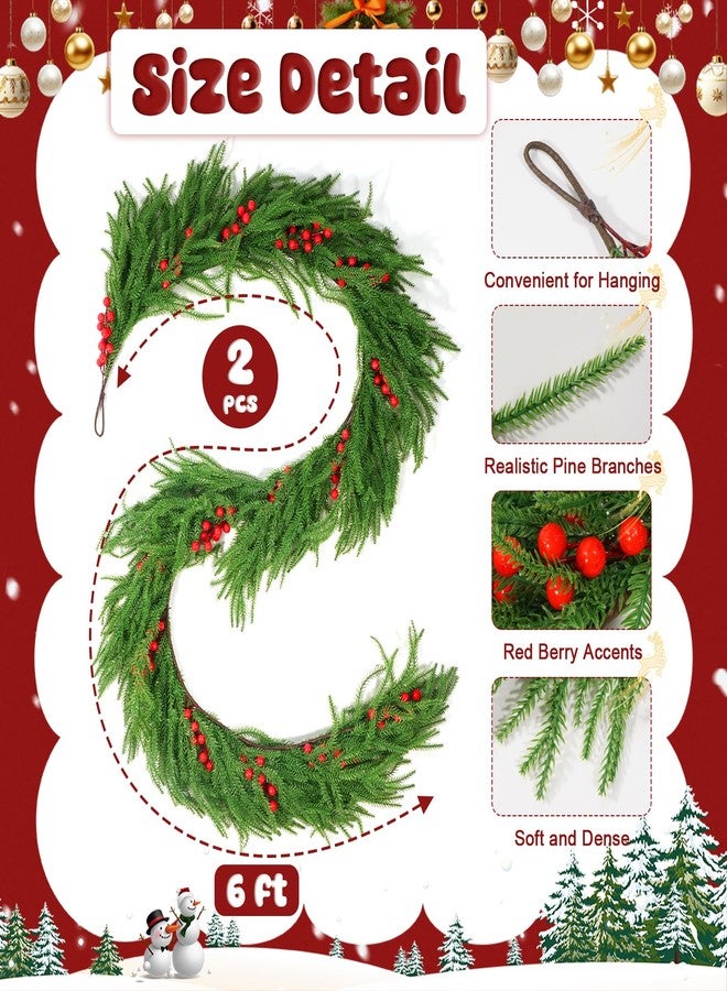 Digury Christmas Garland 6FT 2PCS Artificial Morfolk Pine Mantle Garlands for Decoration Real Touch Holiday Indoor Outdoor Winter Xmas Tree Green Faux Cedar Garland Décor - Image 2